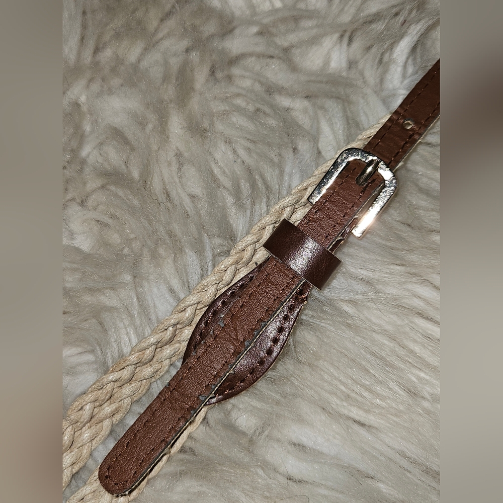 Braided Rope Belt w/ Brown Faux Leather Buckle Detail 33.5" Boho Woven Belt - Picture 2 of 3